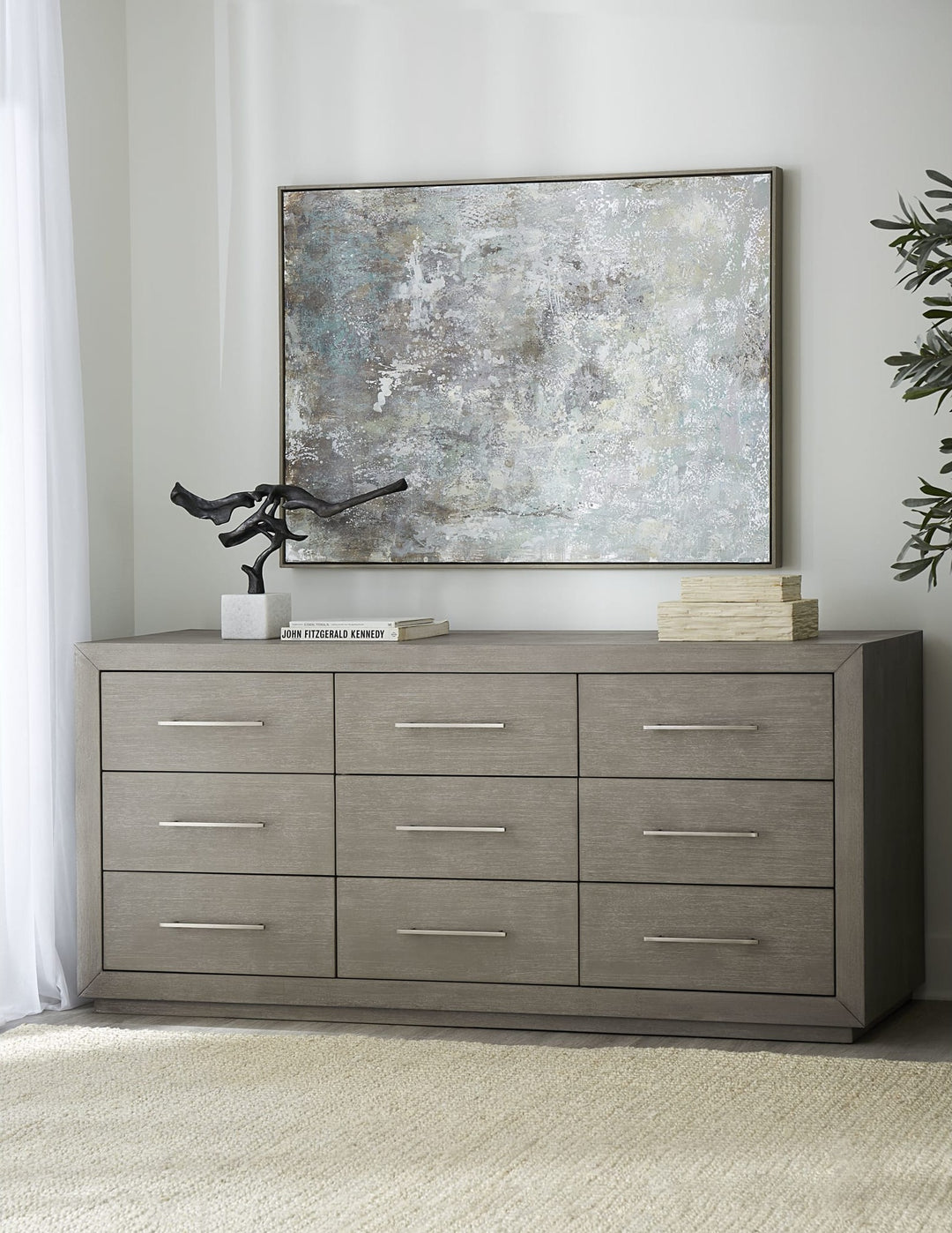Melbourne Nine Drawer Dresser in Mineral — styled in a room