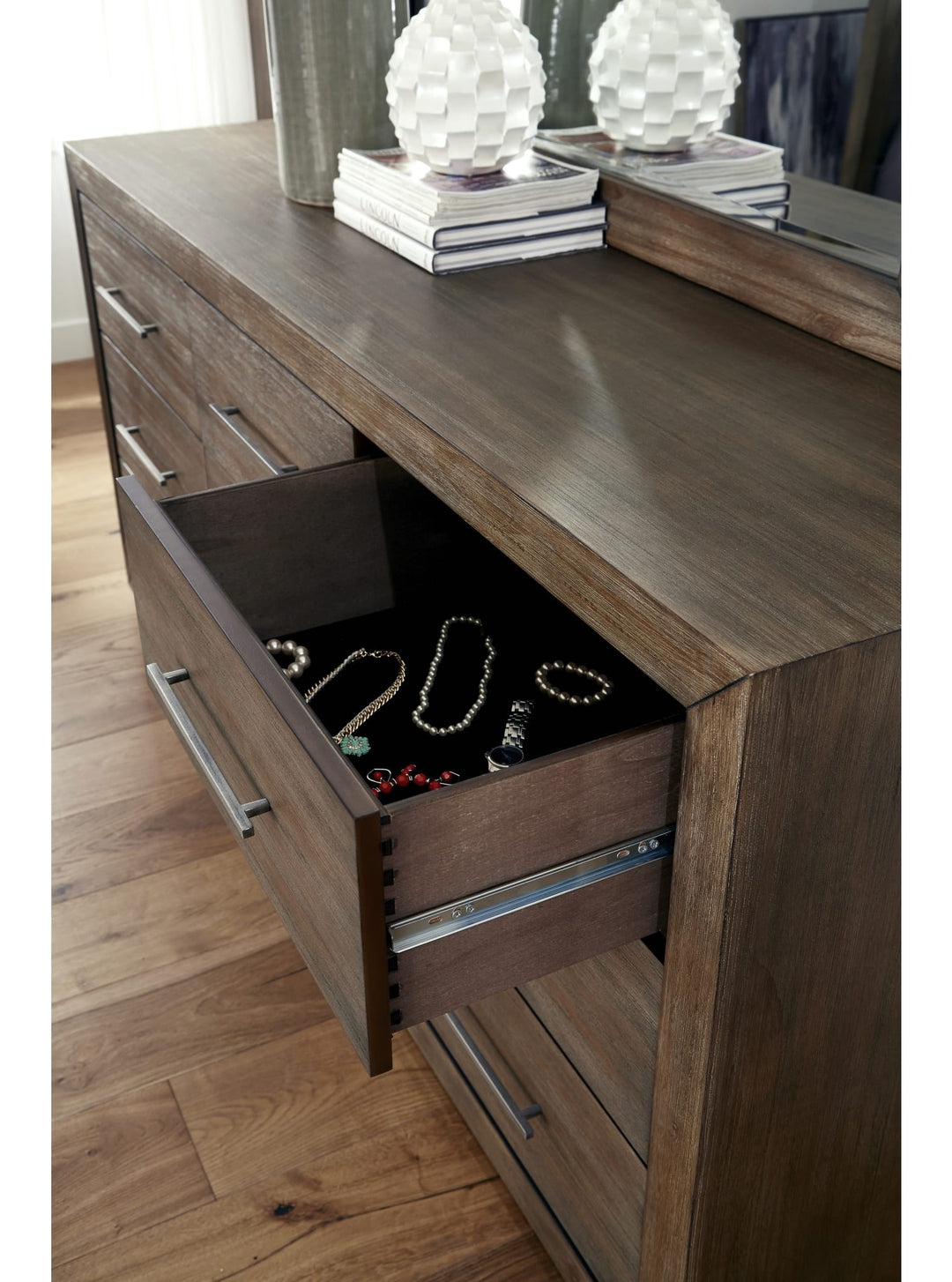 Melbourne Nine Drawer Dresser in Dark Pine — with drawers open
