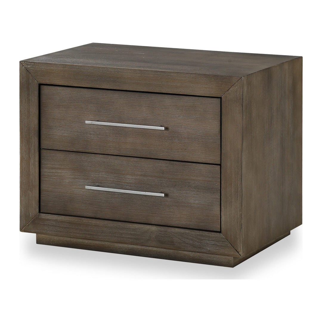 Melbourne Two Drawer Nightstand with USB by Modus in Dark Pine — on a white background