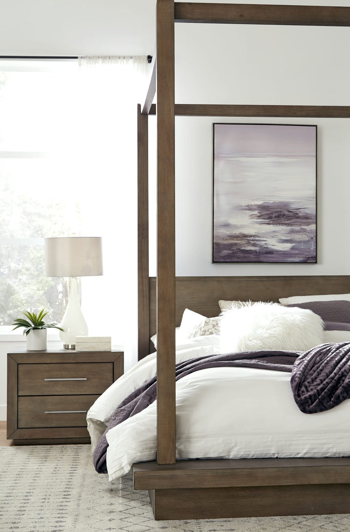 Melbourne Two Drawer Nightstand with USB in Dark Pine — in a bedroom setting
