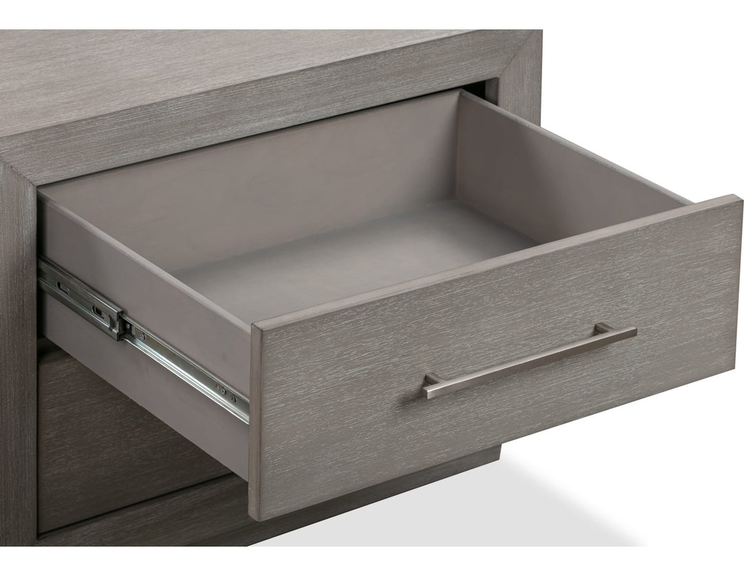 Melbourne Two Drawer Nightstand with USB in Mineral — with drawers open