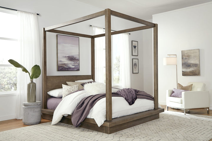 Melbourne Wood Canopy Bed in Dark Pine styled in a bedroom