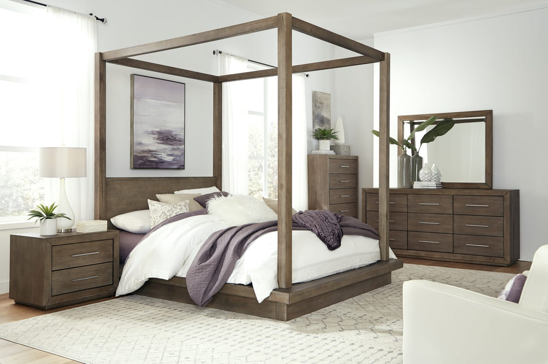 Melbourne Wood Canopy Bed in Dark Pine styled in a bedroom