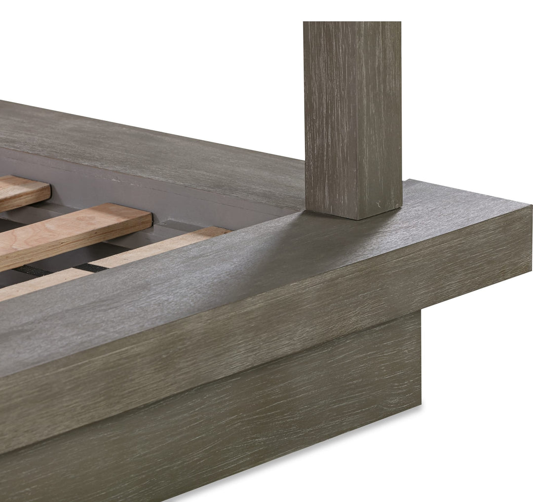 Melbourne Wood Canopy Bed in Mineral — close-up of the plinth base corner
