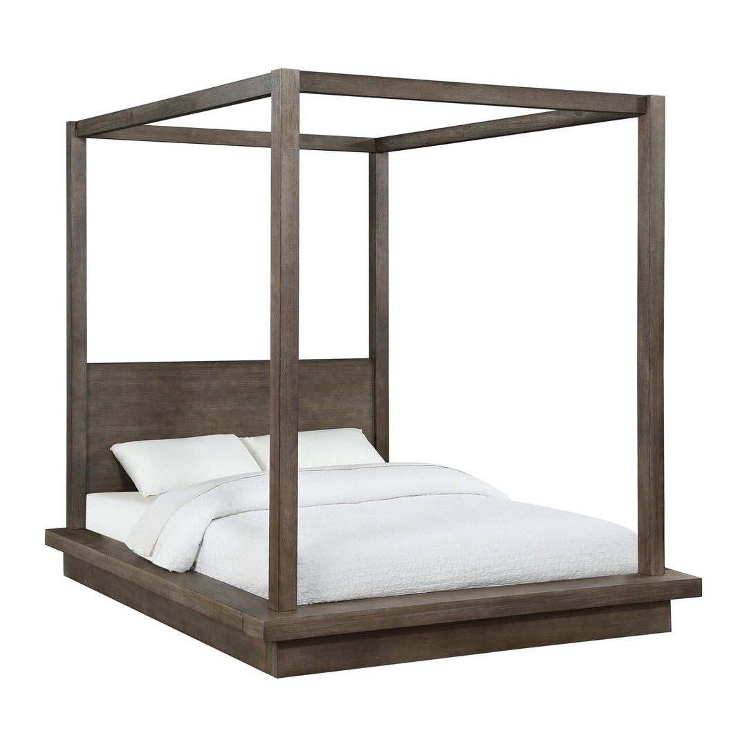 Melbourne Wood Canopy Bed by Modus in Dark Pine — white background, angled view