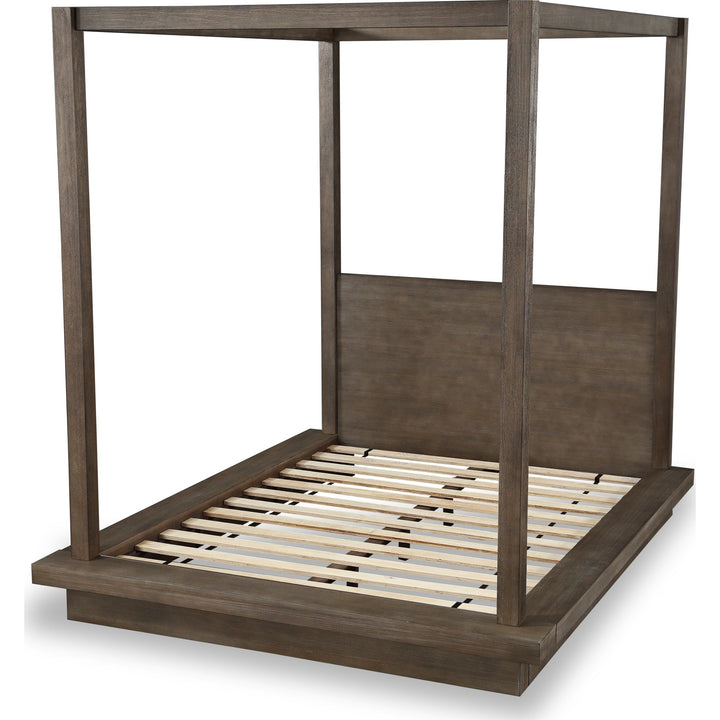 Melbourne Wood Canopy Bed in Dark Pine — without mattress, showing slat platform