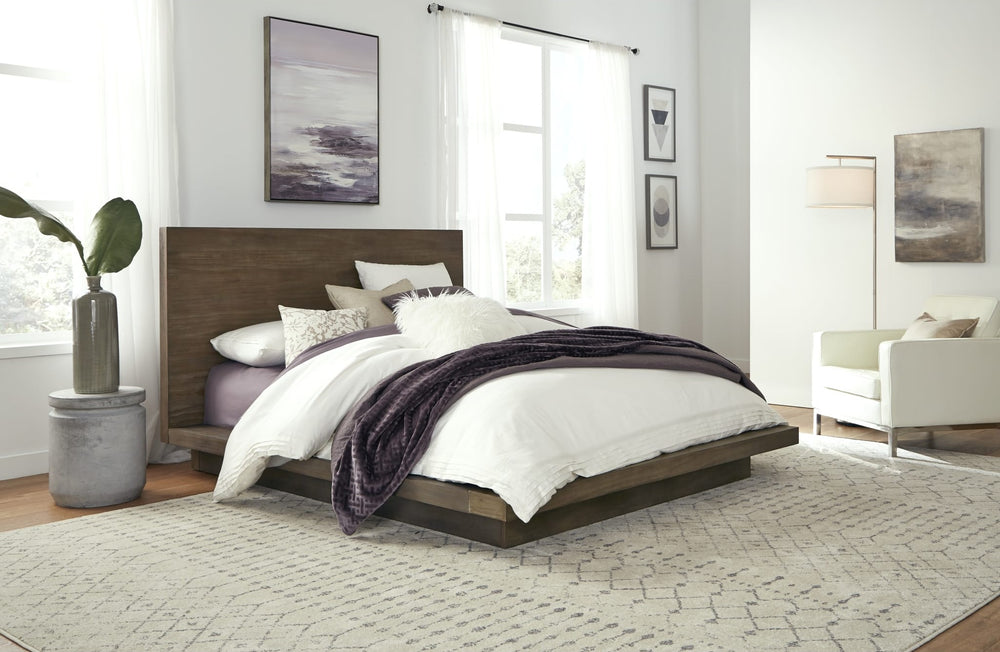 Melbourne Wood Platform Bed in Dark Pine styled in a bedroom