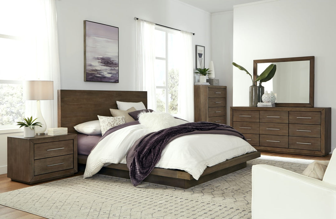Melbourne Wood Platform Bed in Dark Pine styled in a bedroom