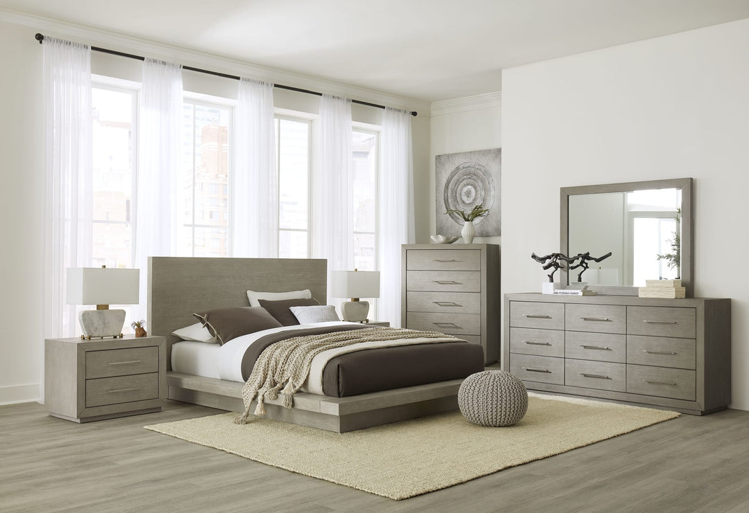 Melbourne Wood Platform Bed in Mineral styled in a bedroom
