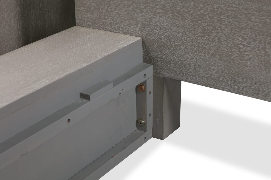 Melbourne Wood Platform Bed in Mineral — close-up of the plinth base corner