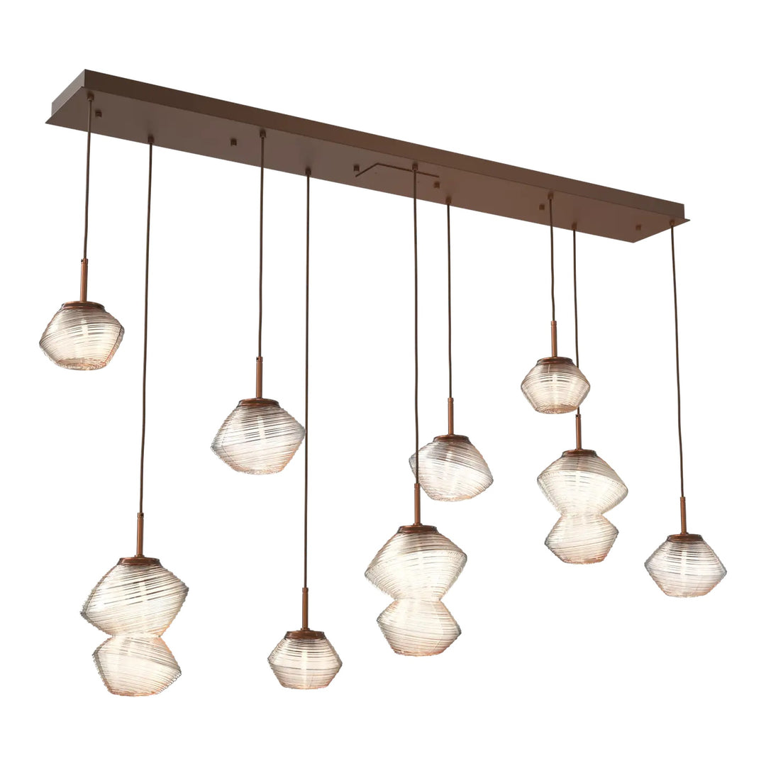Mesa Linear Pendant Chandelier by Hammerton Studio 9 Lights in Burnished Bronze with Amber glass