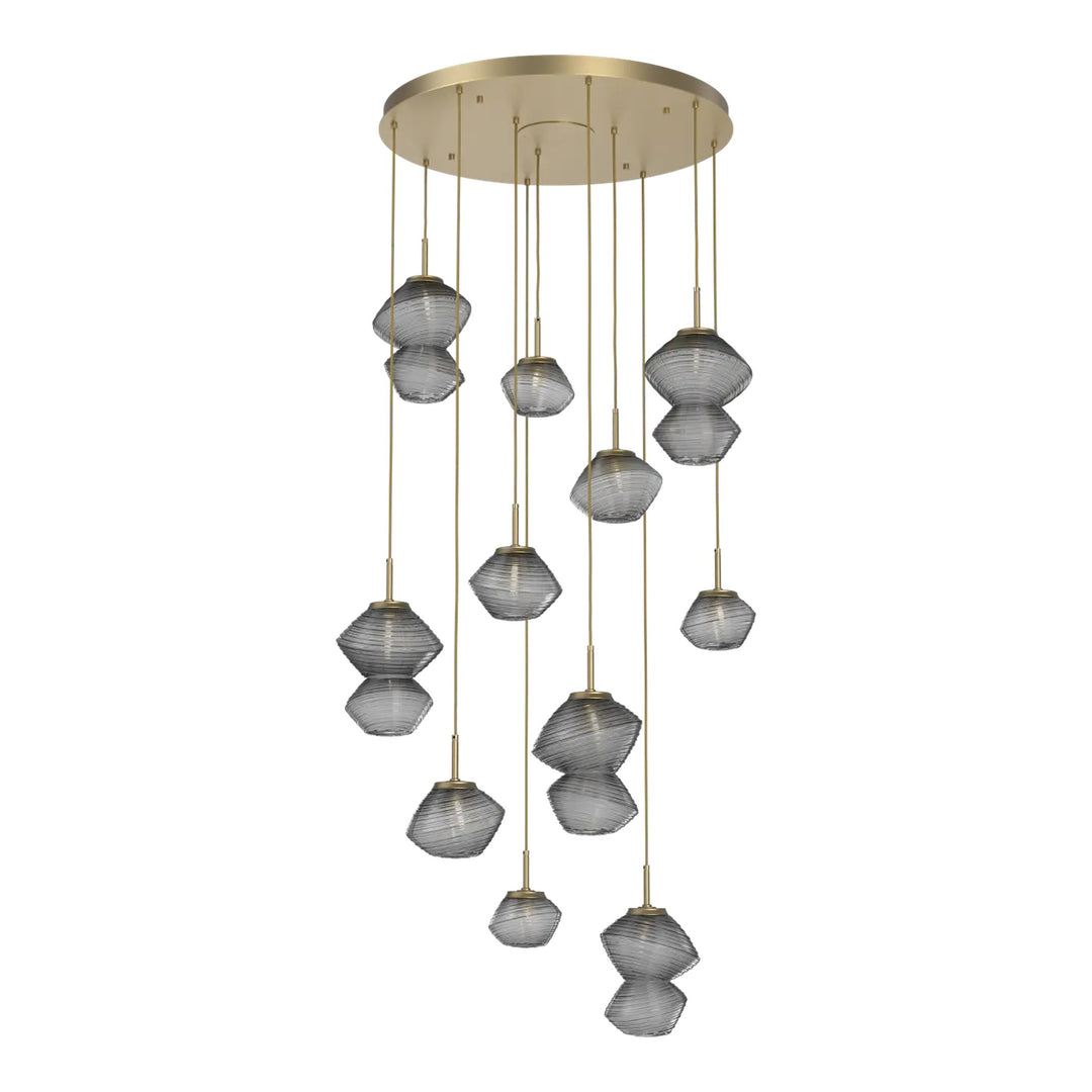 Mesa Round Pendant Chandelier by Hammerton Studio 11 Lights in Gilded Brass with Smoke glass on adjustable cord