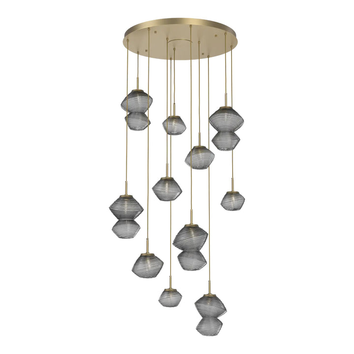 Mesa Round Pendant Chandelier by Hammerton Studio 11 Lights in Gilded Brass with Smoke glass on adjustable cord
