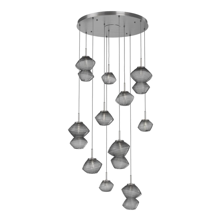 Mesa Round Pendant Chandelier by Hammerton Studio 11 Lights in Satin Nickel with Smoke glass on adjustable cord