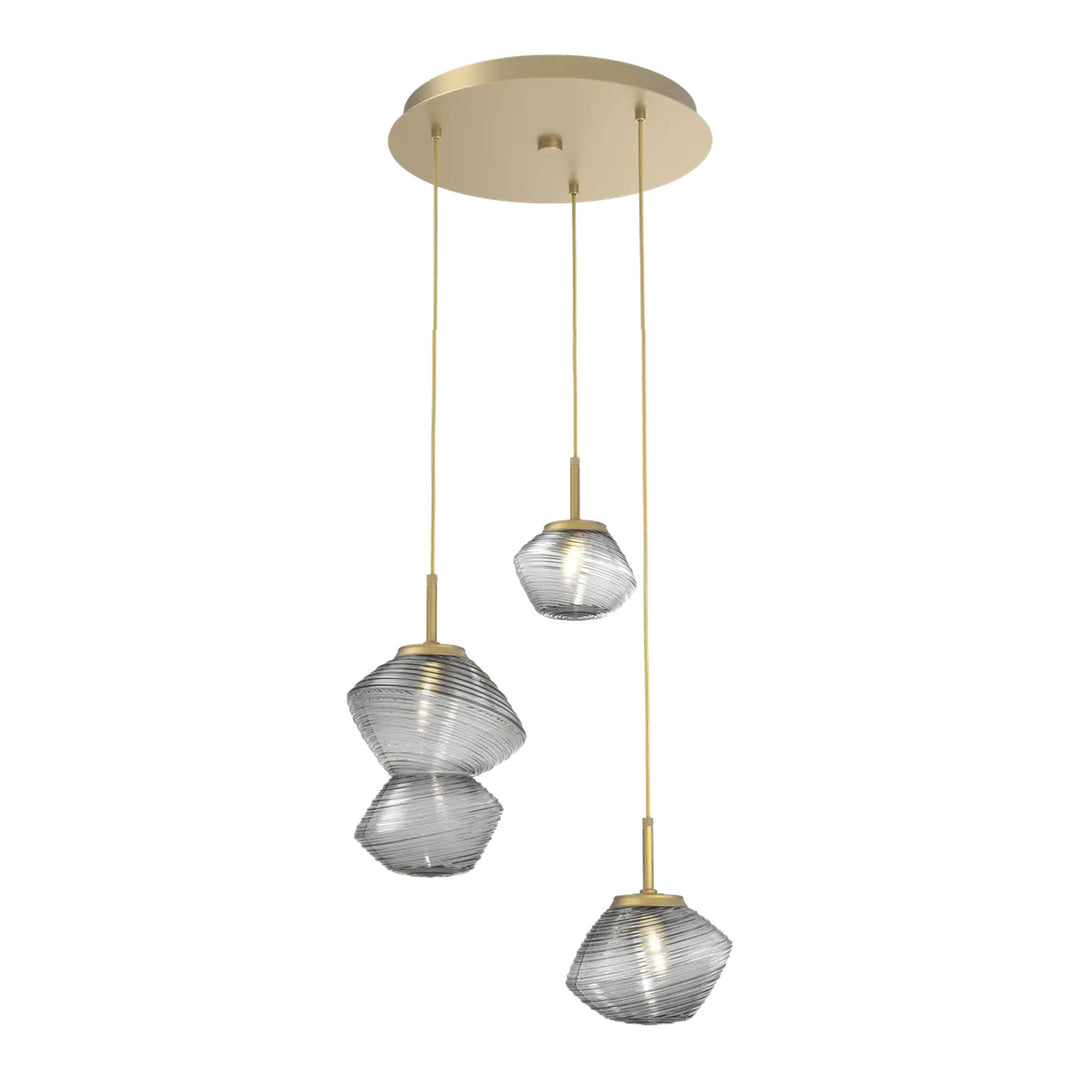 Mesa Round Pendant Chandelier by Hammerton Studio 3 Lights in Gilded Brass with Smoke glass on adjustable cord
