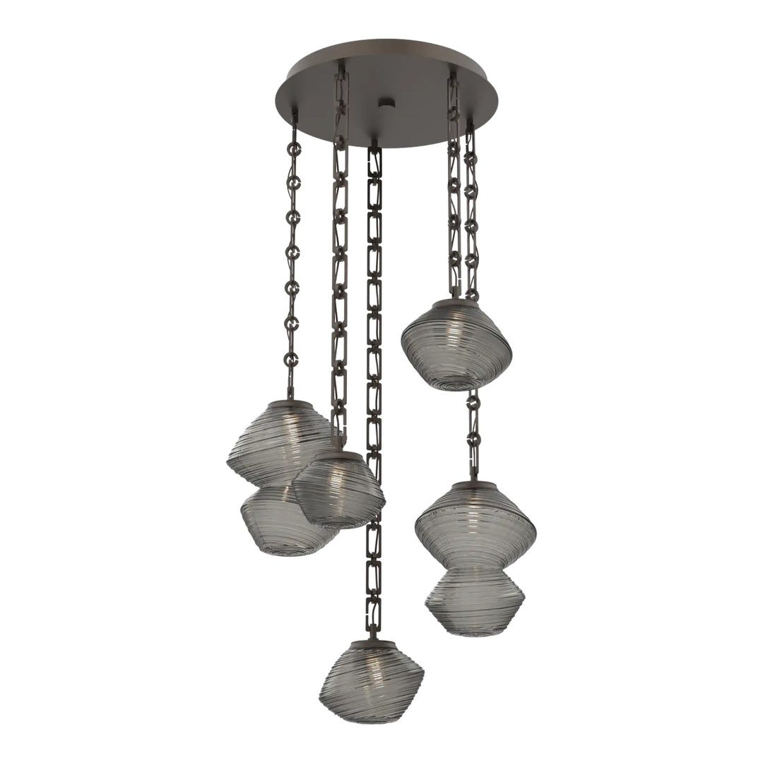 Mesa Round Pendant Chandelier by Hammerton Studio 5 Lights in Flat Bronze with Smoke glass on chain