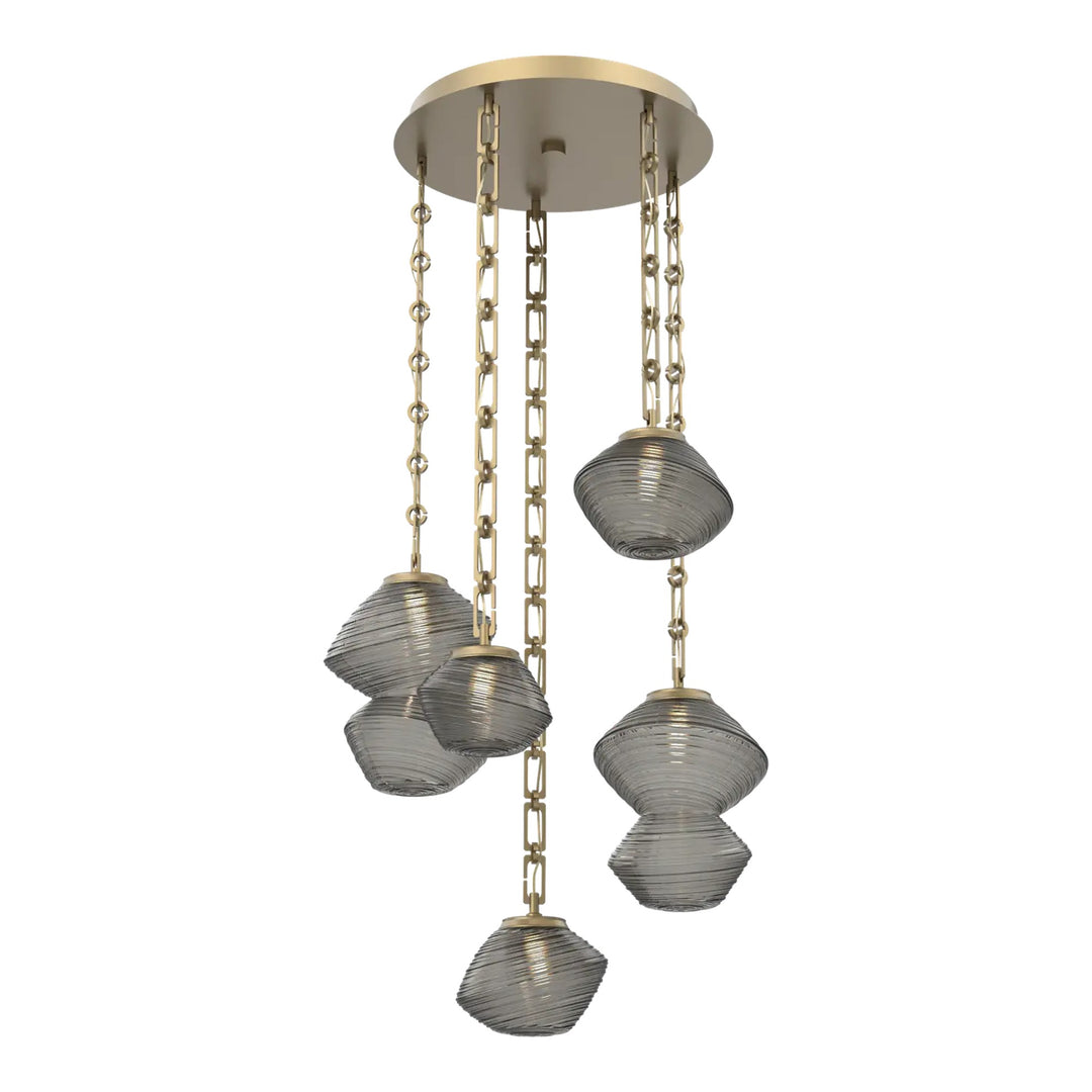 Mesa Round Pendant Chandelier by Hammerton Studio 5 Lights in Gilded Brass with Smoke glass on chain