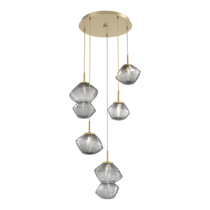Mesa Round Pendant Chandelier by Hammerton Studio 5 Lights in Gilded Brass with Smoke glass on adjustable cord
