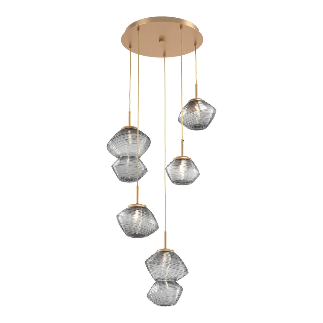 Mesa Round Pendant Chandelier by Hammerton Studio 5 Lights in Novel Brass with Smoke glass on adjustable cord