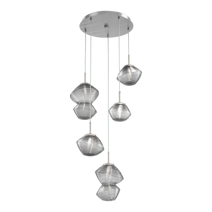 Mesa Round Pendant Chandelier by Hammerton Studio 5 Lights in Satin Nickel with Smoke glass on adjustable cord