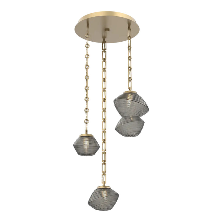Mesa Round Pendant Chandelier by Hammerton Studio 3 Lights in Gilded Brass with Smoke glass on chain