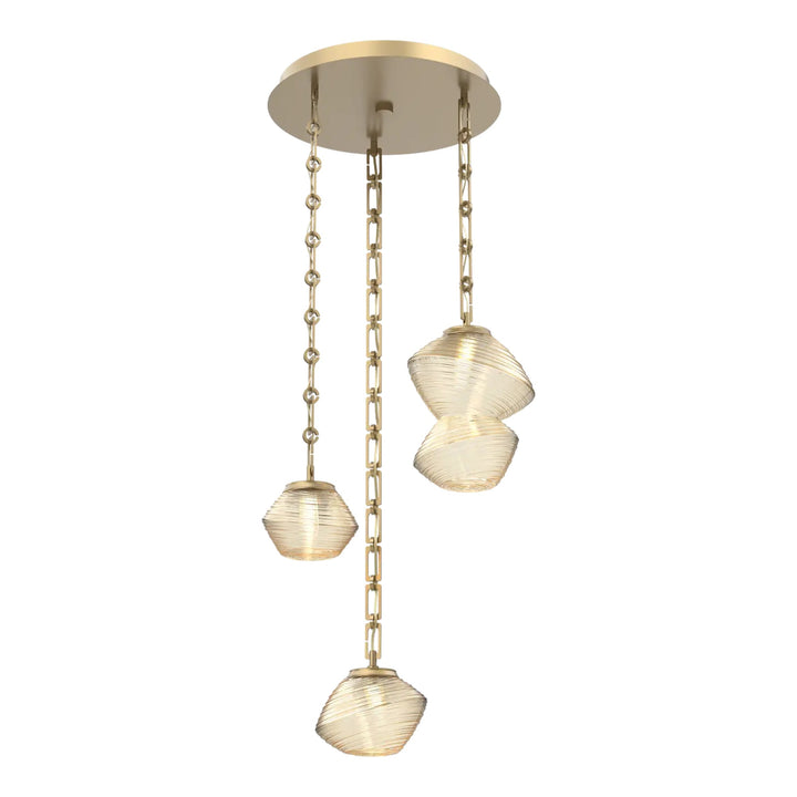 Mesa Round Pendant Chandelier by Hammerton Studio in Gilded Brass with Amber glass