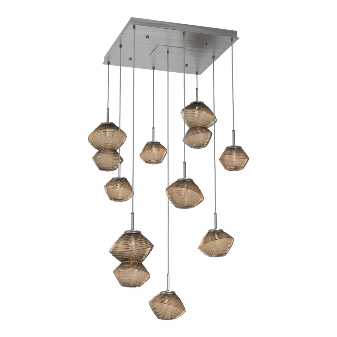Mesa Square Pendant Chandelier by Hammerton Studio in Satin Nickel with Bronze glass