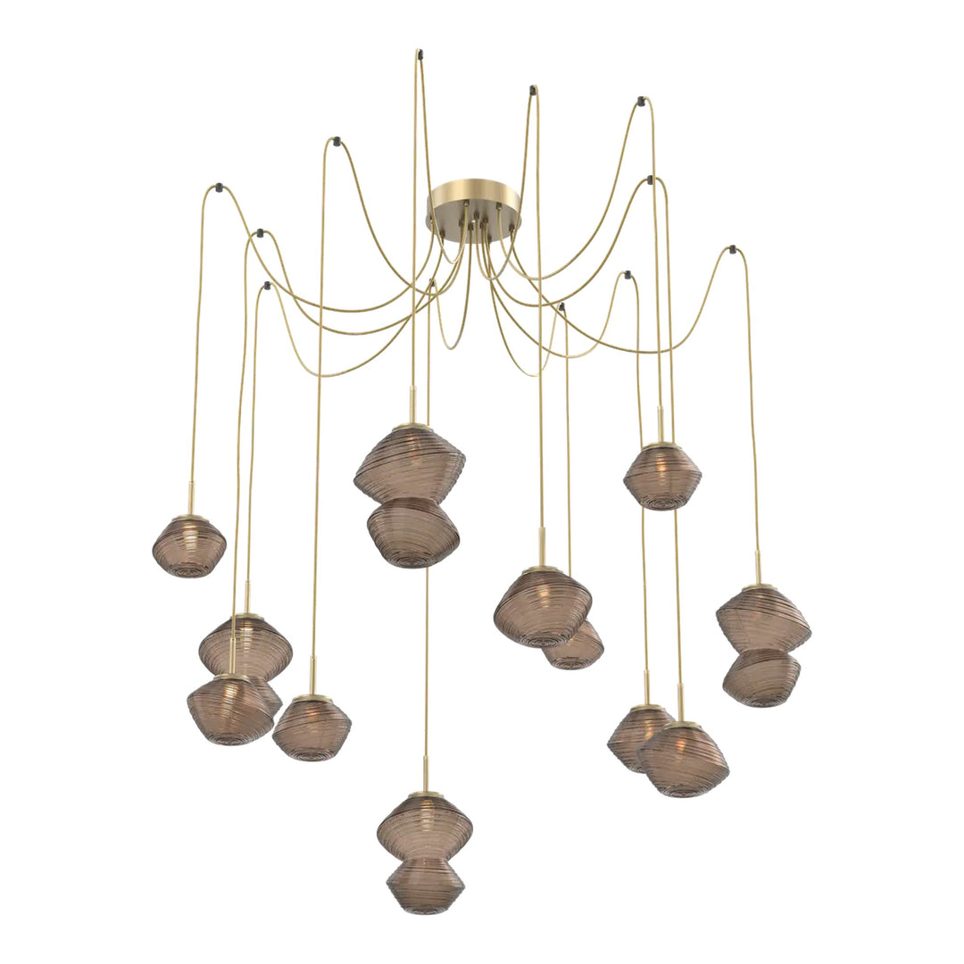 Mesa Swag Chandelier by Hammerton Studio 12 Lights in Gilded Brass with Bronze glass on adjustable cord