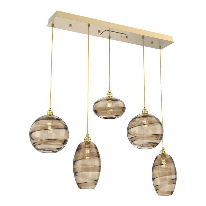 Misto Linear Pendant Chandelier by Hammerton Studio in Gilded Brass with Bronze glass