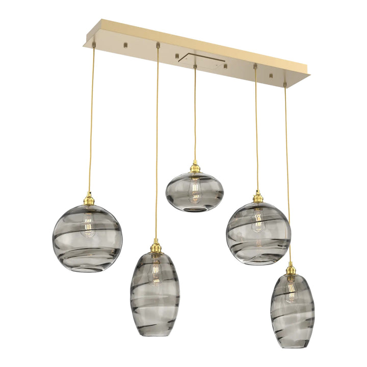 Misto Linear Pendant Chandelier by Hammerton Studio in Gilded Brass with Smoke glass