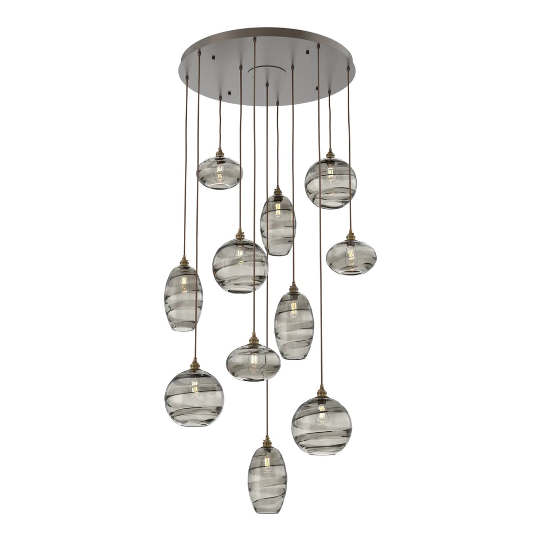 Misto Round Pendant Chandelier by Hammerton Studio 11 Lights in Flat Bronze with Smoke glass on adjustable cord