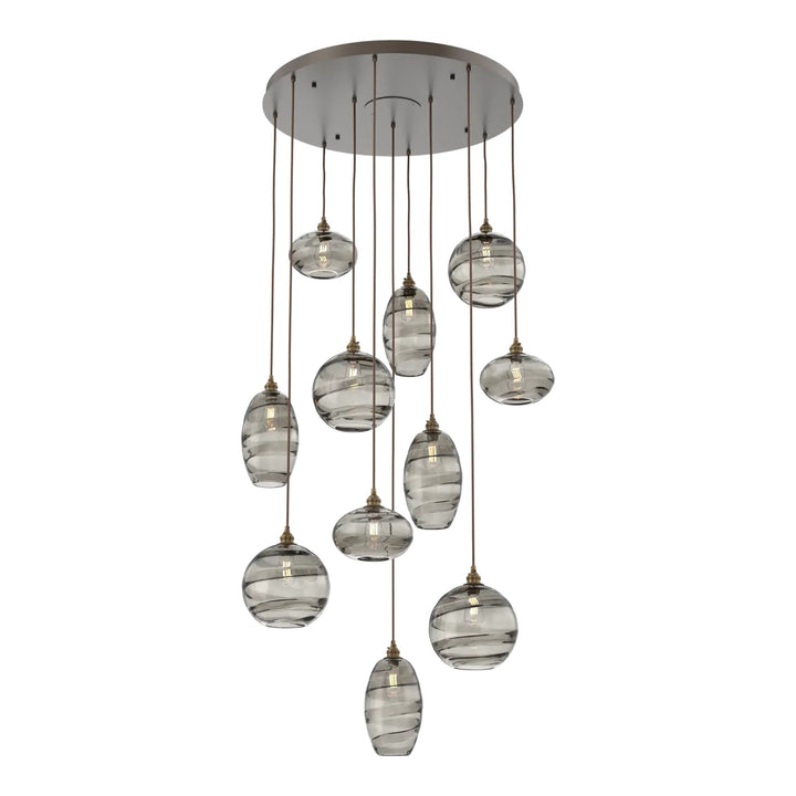 Misto Round Pendant Chandelier by Hammerton Studio 11 Lights in Flat Bronze with Smoke glass on adjustable cord
