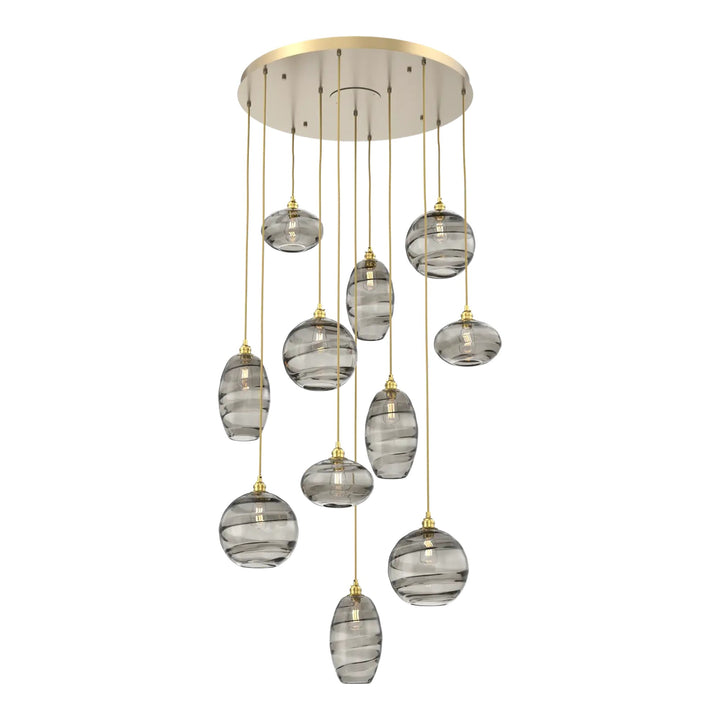 Misto Round Pendant Chandelier by Hammerton Studio 11 Lights in Gilded Brass with Smoke glass on adjustable cord