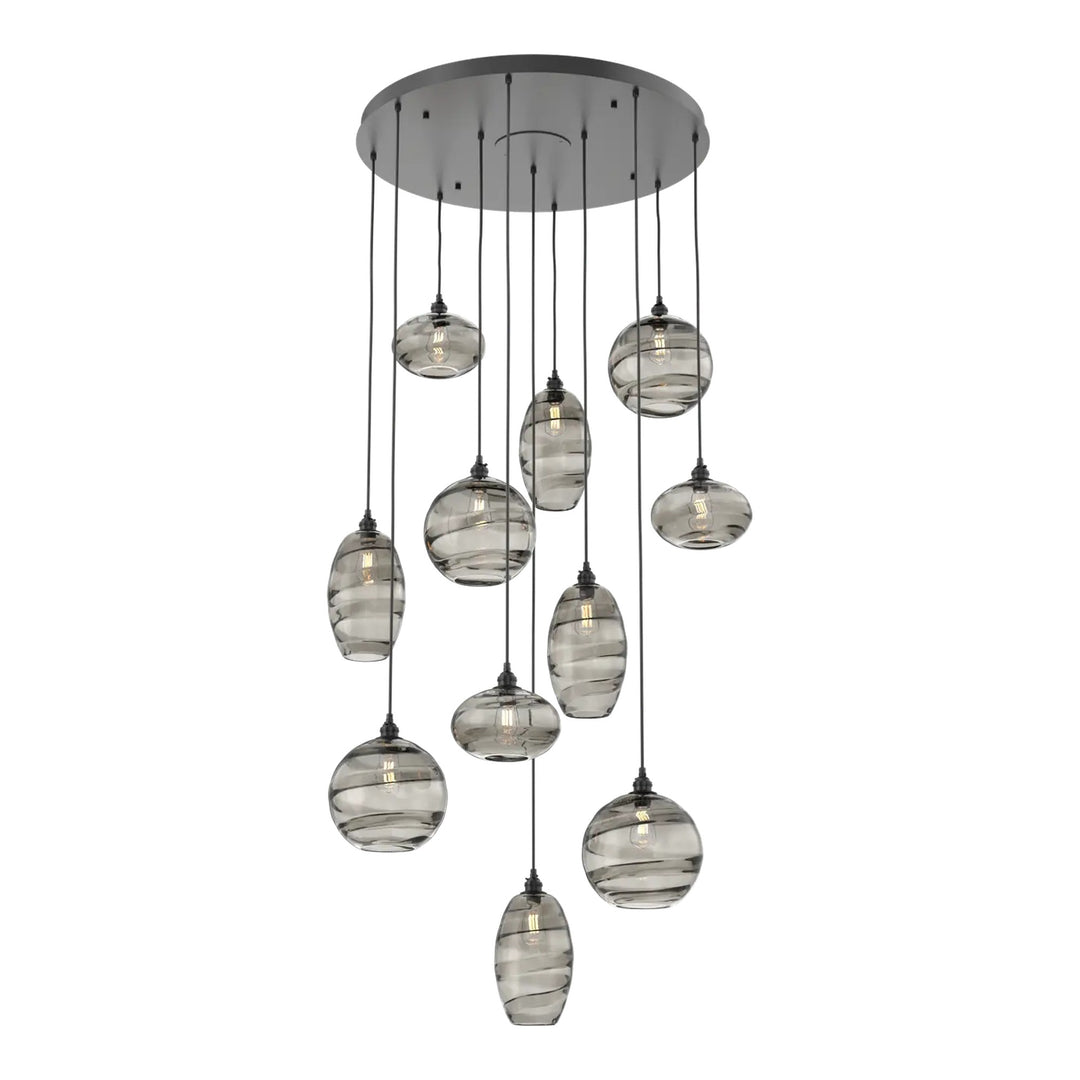 Misto Round Pendant Chandelier by Hammerton Studio 11 Lights in Matte Black with Smoke glass on adjustable cord