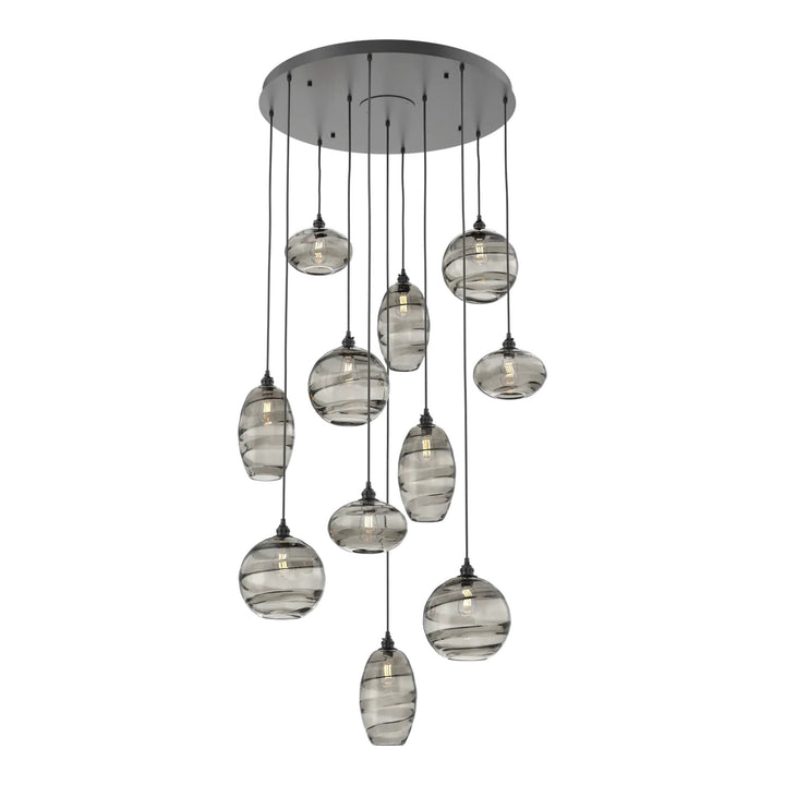 Misto Round Pendant Chandelier by Hammerton Studio 11 Lights in Matte Black with Smoke glass on adjustable cord