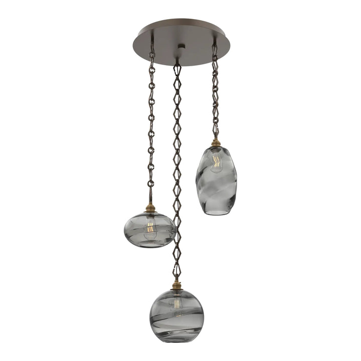 Misto Round Pendant Chandelier by Hammerton Studio 3 Lights in Flat Bronze with Smoke glass on chain