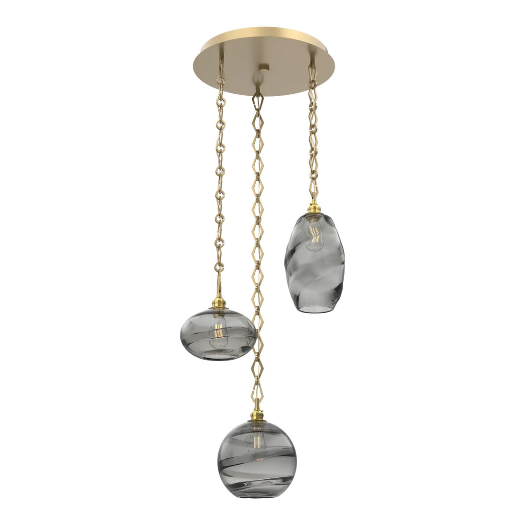 Misto Round Pendant Chandelier by Hammerton Studio 3 Lights in Gilded Brass with Smoke glass on chain