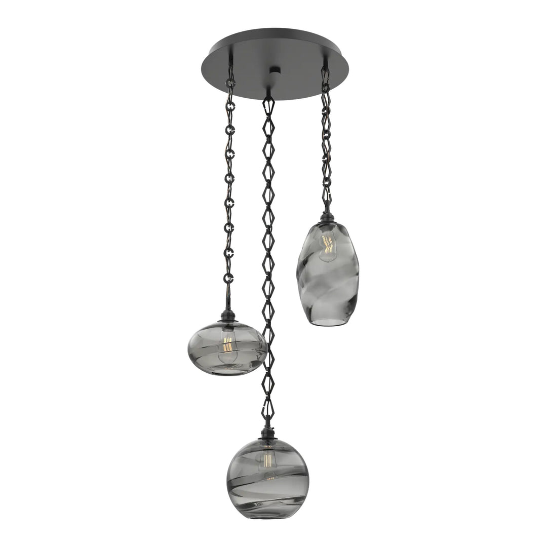 Misto Round Pendant Chandelier by Hammerton Studio 3 Lights in Matte Black with Smoke glass on chain