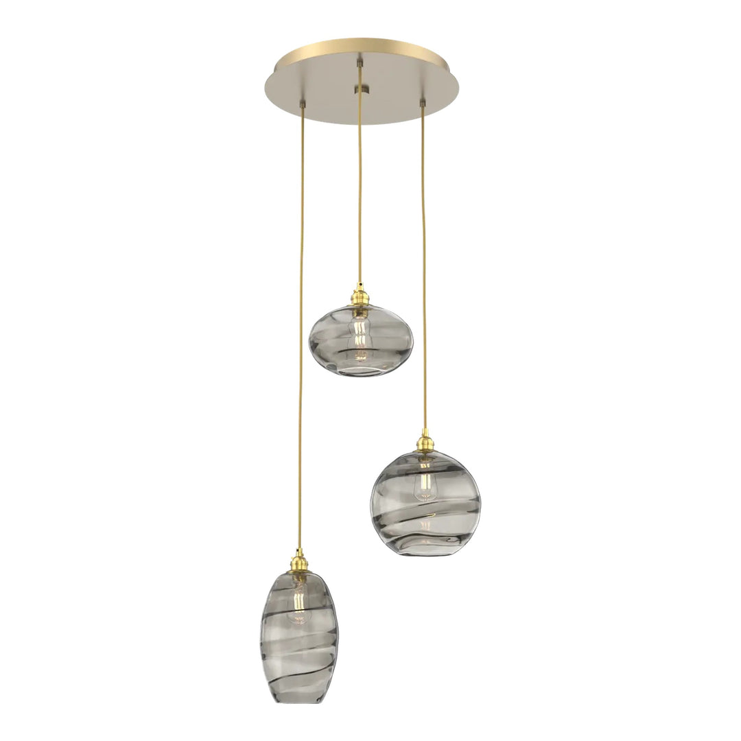 Misto Round Pendant Chandelier by Hammerton Studio 3 Lights in Gilded Brass with Smoke glass on adjustable cord