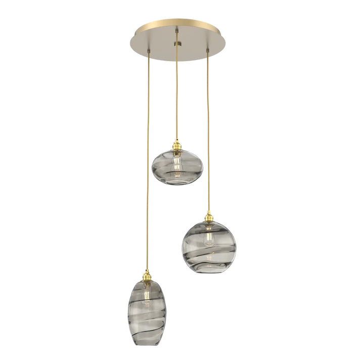 Misto Round Pendant Chandelier by Hammerton Studio 3 Lights in Gilded Brass with Smoke glass on adjustable cord