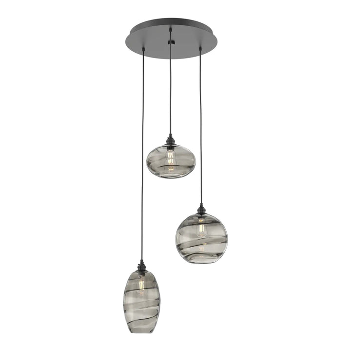 Misto Round Pendant Chandelier by Hammerton Studio 3 Lights in Matte Black with Smoke glass on adjustable cord