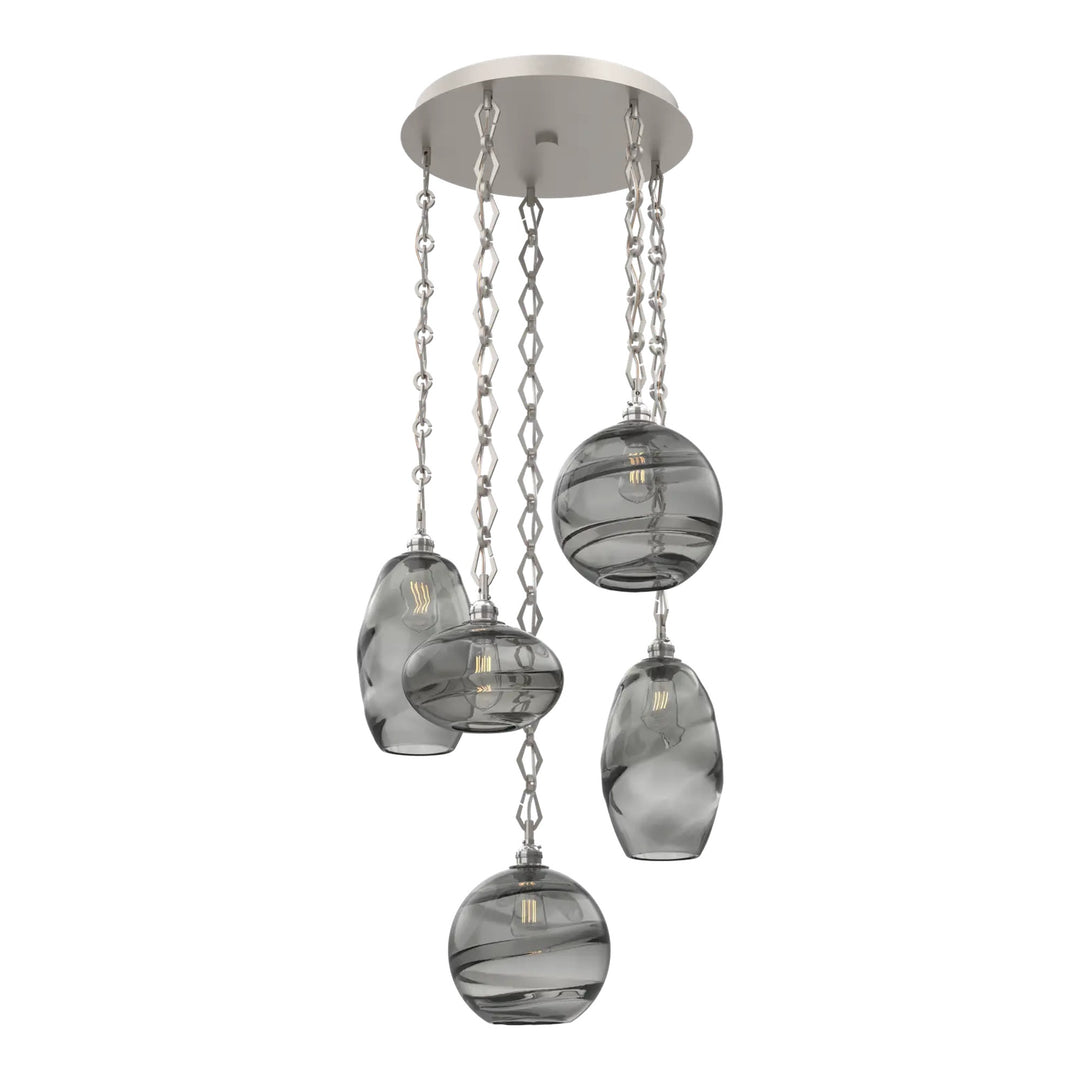 Misto Round Pendant Chandelier by Hammerton Studio 5 Lights in Beige Silver with Smoke glass on chain