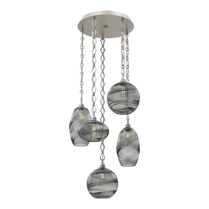Misto Round Pendant Chandelier by Hammerton Studio 5 Lights in Beige Silver with Smoke glass on chain