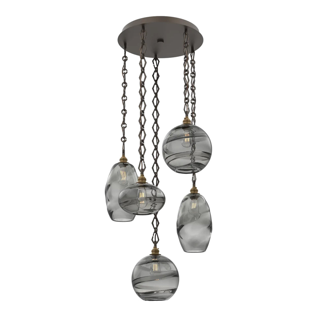 Misto Round Pendant Chandelier by Hammerton Studio 5 Lights in Flat Bronze with Smoke glass on chain