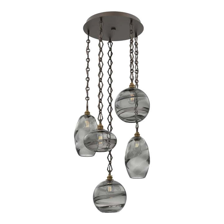 Misto Round Pendant Chandelier by Hammerton Studio 5 Lights in Flat Bronze with Smoke glass on chain