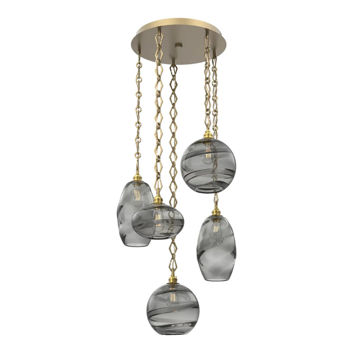 Misto Round Pendant Chandelier by Hammerton Studio 5 Lights in Gilded Brass with Smoke glass on chain