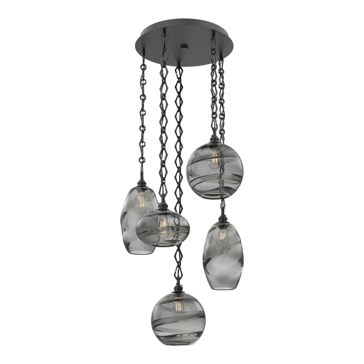 Misto Round Pendant Chandelier by Hammerton Studio 5 Lights in Matte Black with Smoke glass on chain