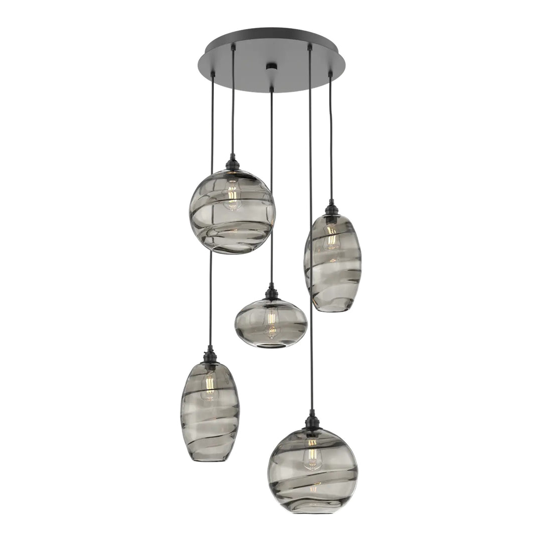 Misto Round Pendant Chandelier by Hammerton Studio 5 Lights in Matte Black with Smoke glass on adjustable cord