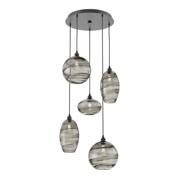 Misto Round Pendant Chandelier by Hammerton Studio 5 Lights in Matte Black with Smoke glass on adjustable cord