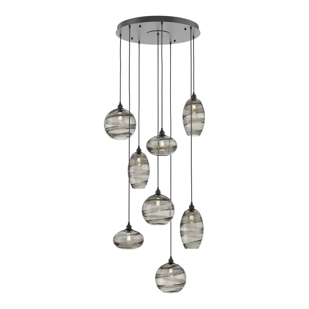 Misto Round Pendant Chandelier by Hammerton Studio 8 Lights in Matte Black with Smoke glass on adjustable cord